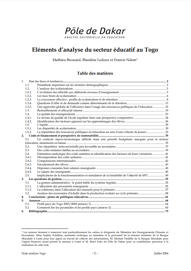 Elements of Analysis of the Education Sector in Togo