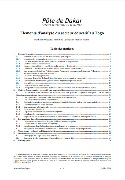 Elements of Analysis of the Education Sector in Togo