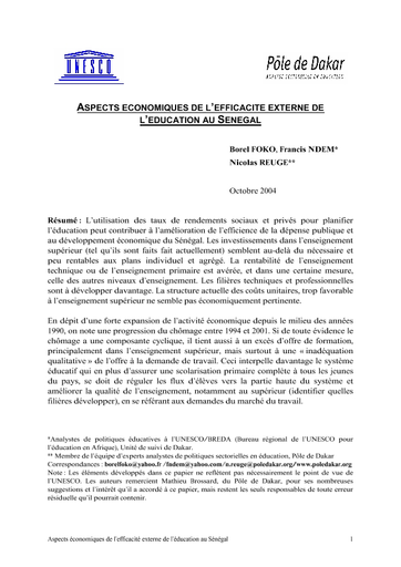 Aspect économique de l’efficacité externe de l’éducation au Sénégal